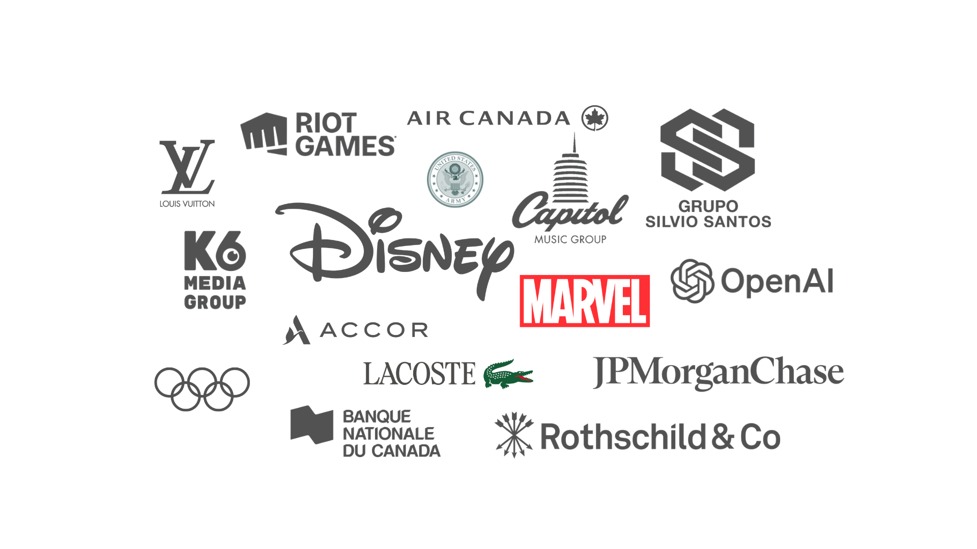 Selected clients and partners: Disney, Marvel, JP Morgan, Louis Vuitton, OpenAI, Lacoste, Riot Games, Air Canada, Rothschild, Banque Nationale, and more